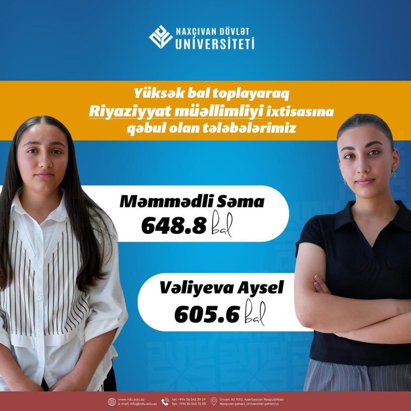 NDU-ya qəbul olan 600-dən çox bal toplamış iki abituriyentin seçimi "Riyaziyyat müəllimliyi" ixtisası olub