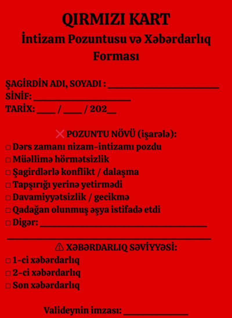 Azərbaycanda 5 831 şagirdə qırmızı kart verilib