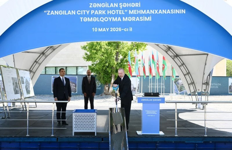 İlham Əliyev Zəngilanda "Zangilan City Park Hotel"in təməlini qoyub -