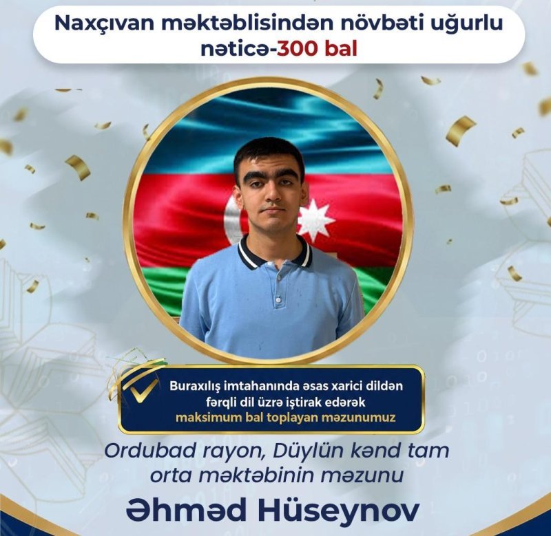 Naxçıvanın növbəti məktəblisindən uğurlu nəticə - 300 bal
